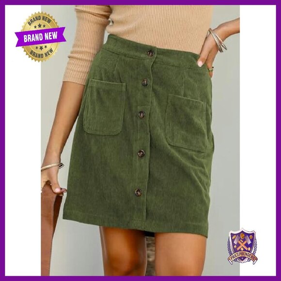 High Waisted Corduroy A-Line Mini Skirt with Pockets - Picture 3 of 7